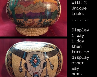 NEW ... Southwest Hand Stipple Carved Hand Painted Desert & Skull Art Gourd