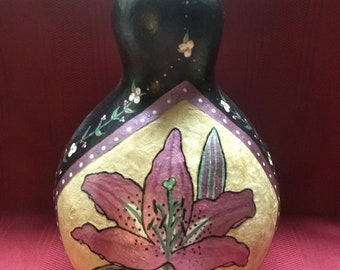 Hand Painted Stipple Carved 10"T Oriental Lily Art Gourd