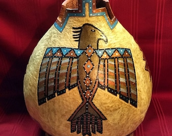 NEW ... Southwest Hand Stipple Carved Hand Painted Thunderbird Art Gourd