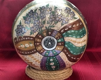 NEW ... Hand Painted Stipple Carved 11" Abstracts & Flowers Art Gourd