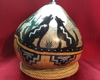 NEW ... Southwest Hand Painted Coyote Moon Art Gourd Bowl w/Lid