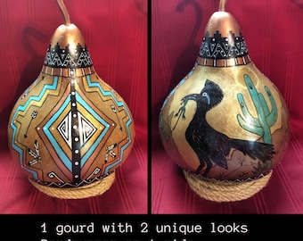 NEW ... Southwest Hand Painted 11"T Roadrunner & Mandala Art Gourd