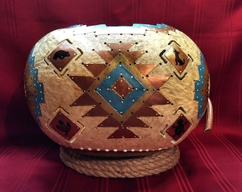 NEW ... Southwest Hand Stipple Carved Hand Painted Art Gourd