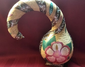 Hand Stipple Carved Hand Painted Hibiscus Art Gourd