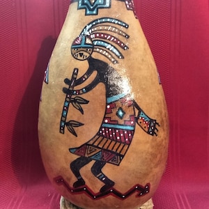 Hand Painted Top Cut Signed Southwest Kokopelli Art Gourd