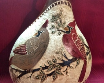 Hand Painted Stipple Carved 10.5"T Cardinal Family Art Gourd