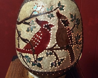 Hand Stipple Carved Hand Painted Cardinal Pair Art Gourd Light Lamp