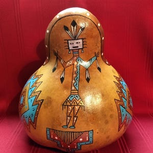 Hand Painted Top Cut Signed Southwest Navajo Yei Art Gourd
