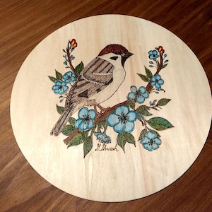 12&quot; Rustic Wood Burned Colored Song Bird -- House Sparrow Wall Plaque Signed -- Lightweight Wall Decor for All Ages