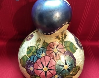 Hand Painted Stipple Carved 11"T Morning Glory Art Gourd