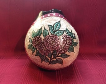 Hand Stipple Carved Hand Painted Camellia Art Gourd