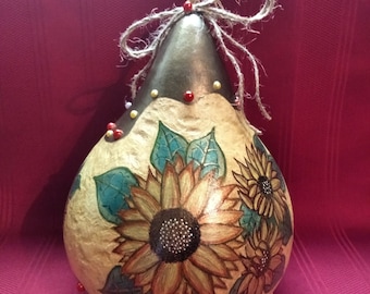 Hand Stipple Carved Hand Painted Sunflowers Art Gourd