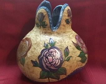 Hand Painted Stipple Carved 11"T Roses Art Gourd