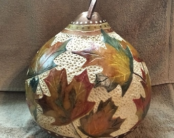 Hand Stipple Carved Hand Painted Maple Leaves Art Gourd