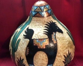 NEW ... Southwest Hand Painted Stipple Carved 11"T Horses Art Gourd