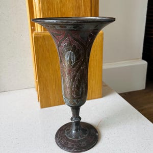 Vintage Cold painted blue and red copper engraved bud vase made in India