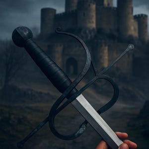 Può includere: Una spada in metallo con un'impugnatura scura e scanalata, un pomolo sferico e una guardia complessa e curva. La lama è dritta e metallica, si estende dall'elsa, che viene tenuta saldamente davanti a una struttura di un castello in pietra.