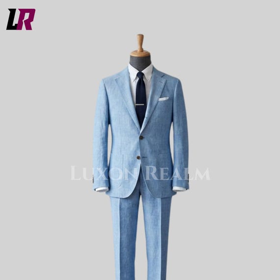 Mens Sky Blue Linen Suit, Summer Wedding Groom Suit, Light Blue Beach Wedding Suit, Linen Formal Suit for Men, Custom Tailored Suit