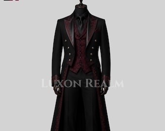 May include: A black tailcoat suit featuring a deep red patterned vest and lapel accents. The coat has double-breasted metallic buttons, a notched collar, and long tails. The ensemble includes matching black trousers and a dark tie. Text reads LUXON REALM.
