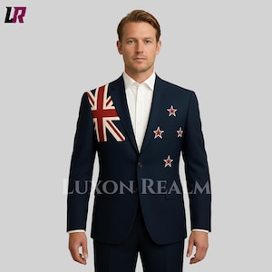 May include: Navy blue suit jacket with a New Zealand flag design on the left shoulder and red star accents. The jacket has a two-button closure and is paired with matching navy pants. The text "LUKON REALM" is visible.