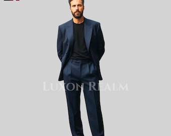 Terno masculino azul-marinho com abotoamento duplo • Terno formal sob medida • Roupa de negócios, casamento e eventos noturnos feita à mão