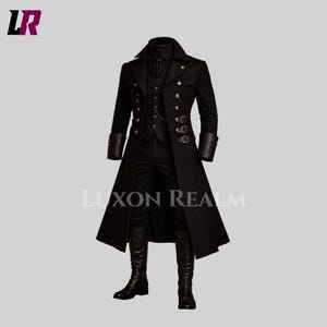 May include: Black long coat with gold buttons, leather cuffs, and buckle details. The coat is part of a three-piece suit, including a vest and dress pants. The boots are black. The text "LUXON REALM" is visible.