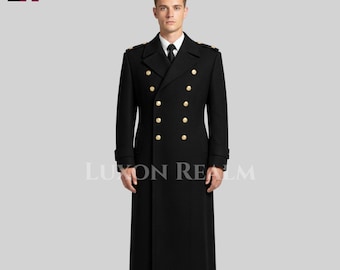 Military Officer Greatcoat for Men – Custom Handmade Black Wool Long Trench Coat – Double Breasted Overcoat –Victorian Gothic Steampunk Coat