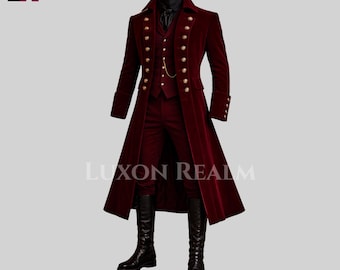 Puede incluir: Un traje de terciopelo burdeos con un abrigo largo, chaleco y pantalón. El abrigo tiene botones dorados y un cuello alto. El conjunto se completa con botas negras. El texto "LUXON REALM" es visible.