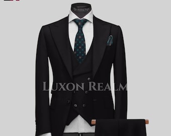 Black Men’s 3 Piece Suit | Business Office Suit | Tailored Wool Blend Suit | Formal Workwear Suit | Custom Fit Suit Set