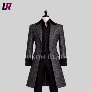 May include: A formal, long gray coat with a black velvet collar and intricate patterned design. The coat is paired with a black vest, shirt, and trousers. The text "LUXON REALM" is visible on the coat.