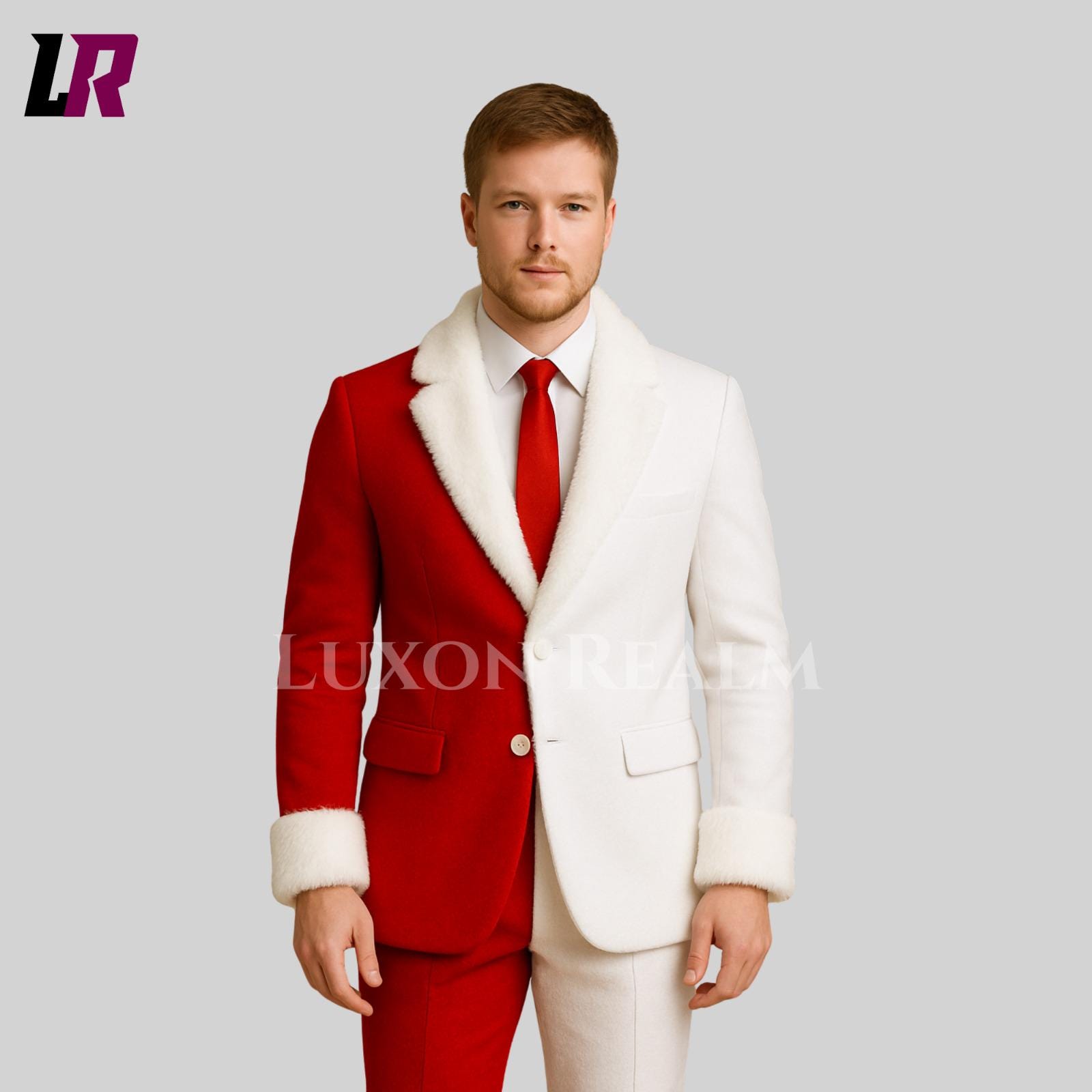 Split Red & White Christmas Suit for Men • Santa Inspired Holiday Outfit • Funny Xmas Tuxedo • Festive Party Suit • Custom Made 2 Piece