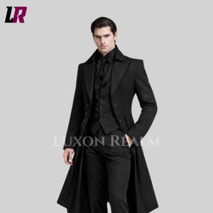 Men’s Victorian Tailcoat Suit in Black – Gothic Regency Coat, Custom Made Steampunk Formal Outfit for Wedding, Cosplay & LARP