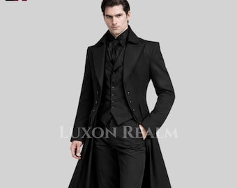 May include: A black long coat with a matching vest and trousers. The coat has a classic design with a long length and a tailored fit. The text "LUXON REALM" is visible on the image.