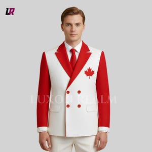 May include: A two-piece suit in white and red. The jacket has a white body with red sleeves and lapels, and a red maple leaf emblem. The suit is paired with a red tie and white trousers. The text "LUXON REALM" is visible.