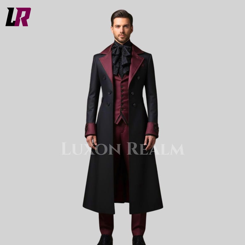 Gothic Victorian Suit for Men • 3 Piece Tailcoat Set • Steampunk Long Coat & Vest • Vampire Costume Trench Coat • Handmade Formal Suit image 4