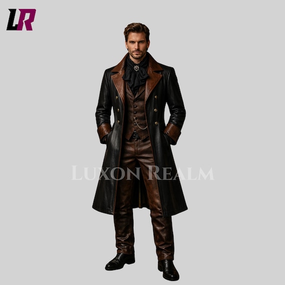 Victorian Gothic Leather Suit for Men – Custom Steampunk Tailcoat Outfit in Real Leather, Handmade Historical Coat Set for Cosplay, Wedding