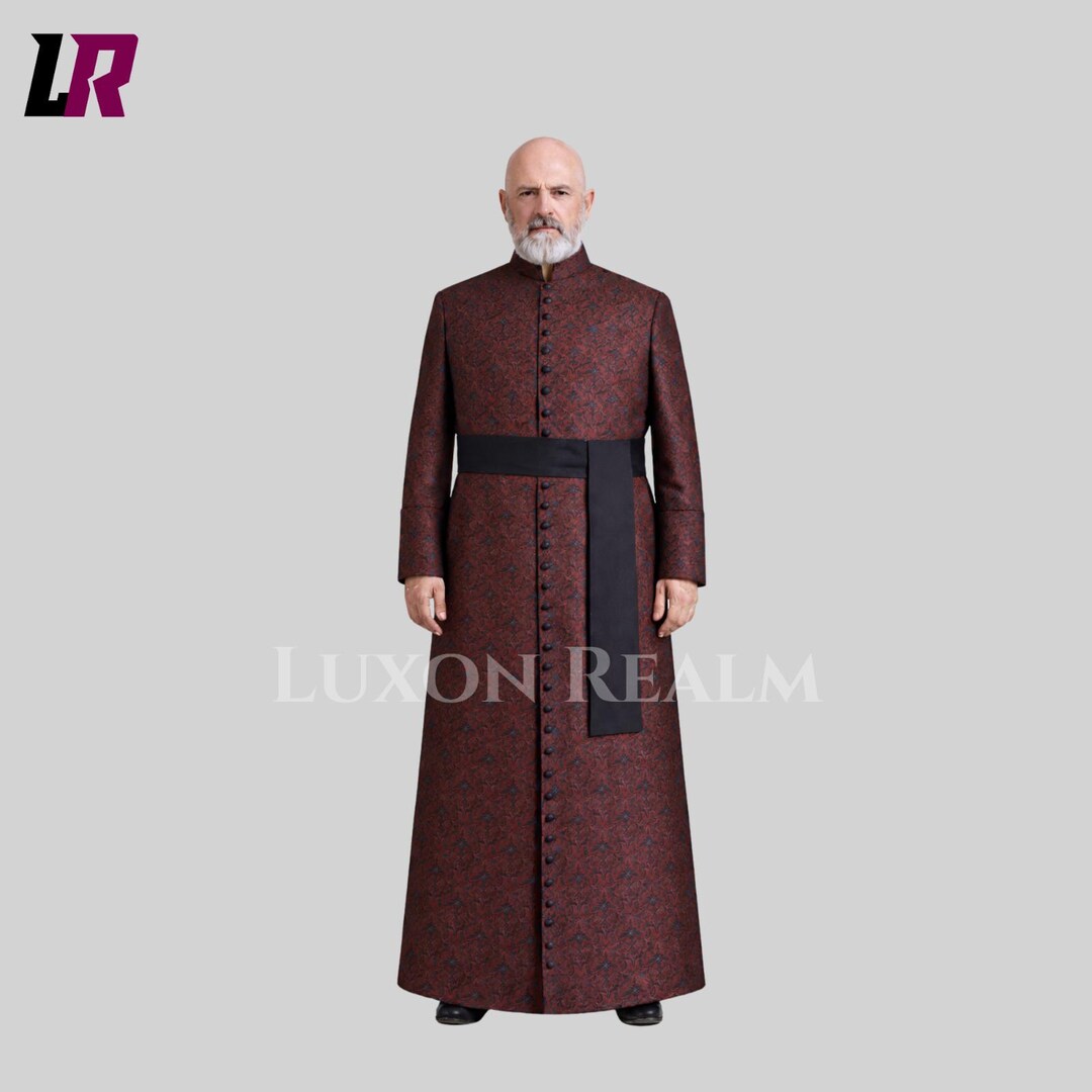 Red Gothic Cassock Robe Mens Victorian Priest Coat Long Brocade Clergy ...
