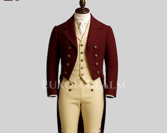 Men’s Regency Suit • Burgundy Tailcoat & Breeches • Jane Austen Costume • Victorian Gentleman Outfit • Handmade Historical Clothing
