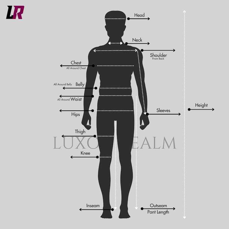 Może przedstawiać: Diagram ilustrujący pomiary ciała ludzkiego dla odzieży. Obraz przedstawia czarną sylwetkę z oznaczonymi punktami pomiaru, takimi jak klatka piersiowa, talia, biodra i wewnętrzna długość nogawki. Tekst "LUXOEALM" jest widoczny na dole.