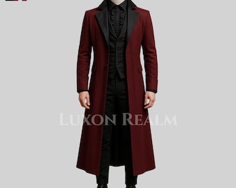 Victoriaanse steampunkjas | Bordeauxrode lange slipjas heren | Rood gotisch kostuumjack | Op maat gemaakte historische jas | Modekleding voor rode vampier