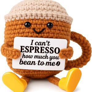 Crochet Espresso Pun Gift | &quot;Can&#39;t Espresso How Much You Bean To Me&quot; | Funny Coffee Lover Gift, Amigurumi Desk Buddy, Cute Anniversary Gift