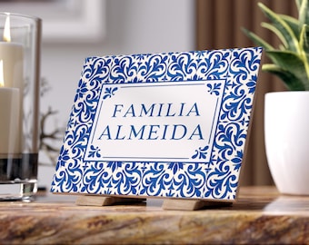 Personalized Familia Azulejo Ceramic 8"x6" Tile with Portuguese Blue Tile Print, Custom Family Decorative Tile
