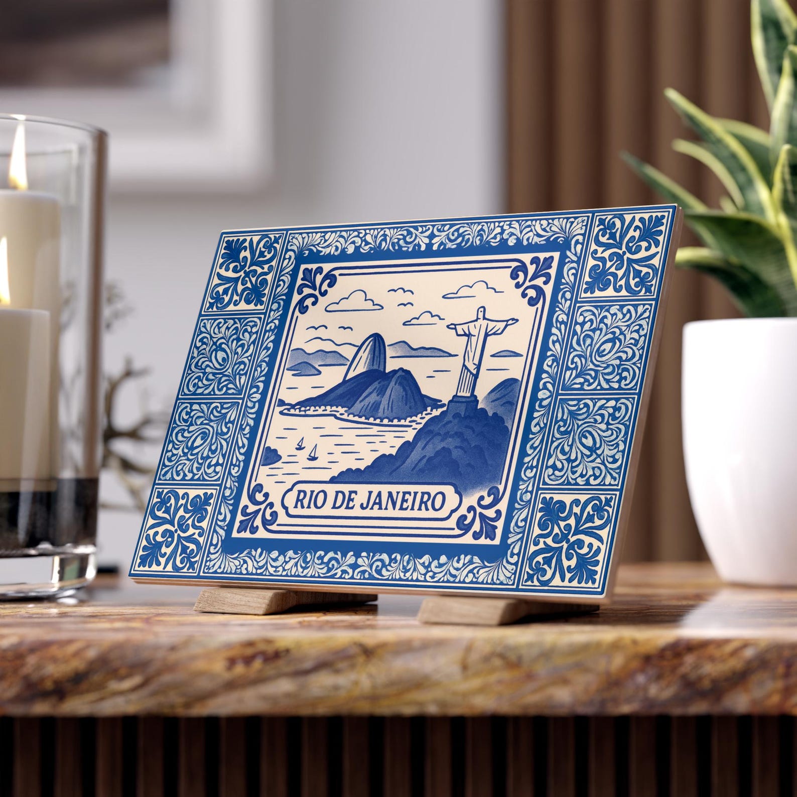Rio de Janeiro - Blue & Cream Ceramic Tile 6x8in - Brazilian Cities Collection - Decorative Wall Art, Home Decor, Souvenir, Portuguese Style - Matte