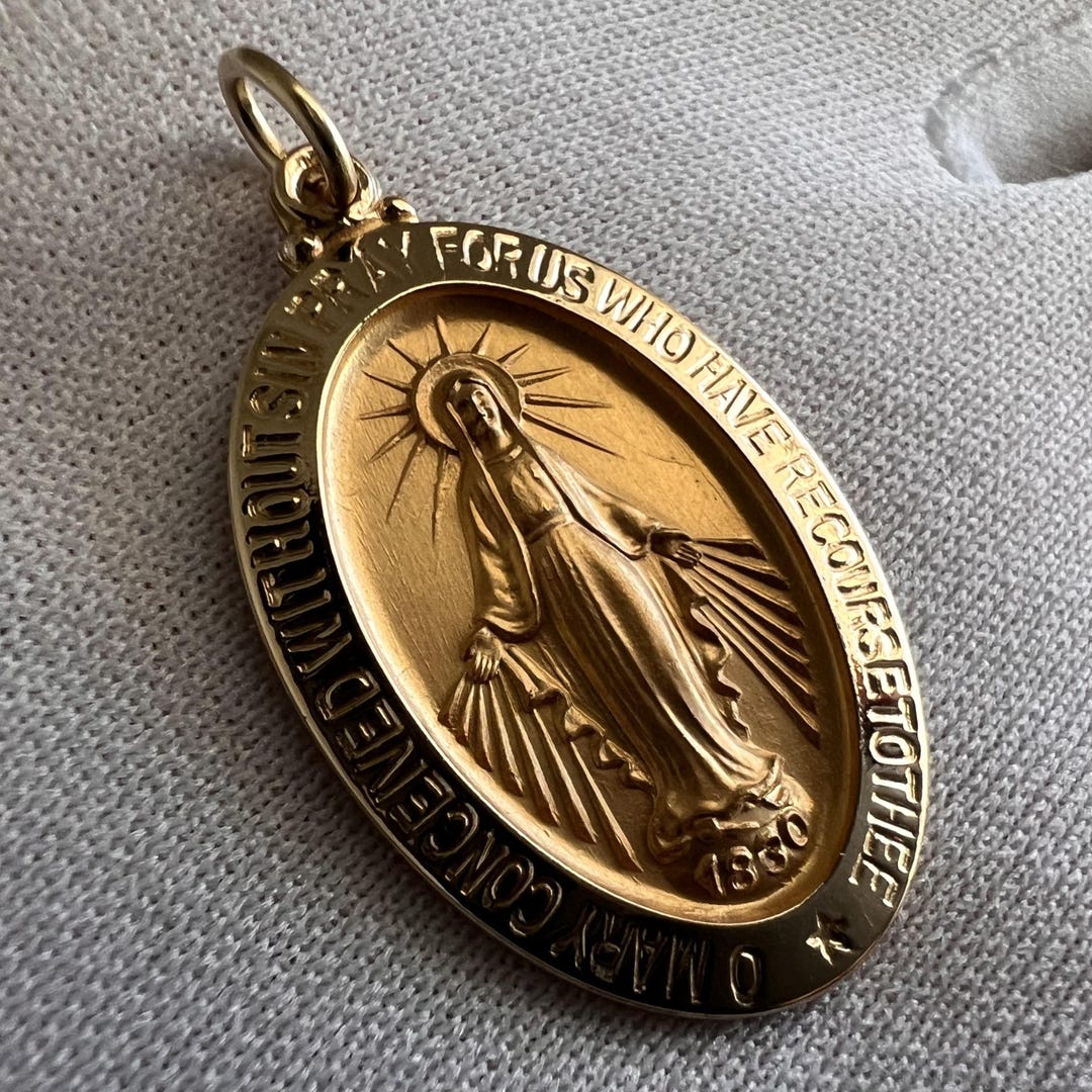 14K Solid Gold Miraculous Medal Virgin Mary Pendant, Confirmation Gift ...