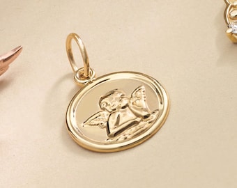14K Solid Gold Cherub Baby Angel Medal Pendant, Guardian Baby Angel Charm, Cherub Necklace, Pregnancy Gift, Christmas Gift, Confirmation