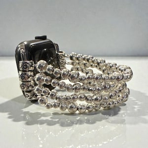 Stainless Steel Beaded Apple Watch Band | 4 Strand Silver Bead Bracelet Watch Strap | Handmade Stack Style Watch Band