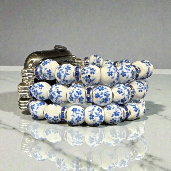 Blue Floral Chinoserie Porcelain Beaded Apple Watch Band | Porcelain Flower Beads Watch Strap | Feminine Apple Watch Bracelet