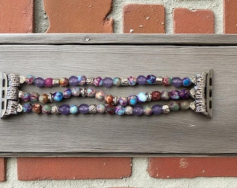 Purple Jasper Beaded Apple Watch Band | Handmade Silver Accent Bracelet