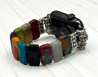 Dyed Mixed Colorful Sea Sediment Imperial Jasper Apple Watch Band | Rectangular Stone Bracelet Strap
