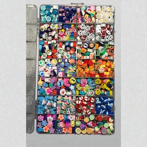 May include: A clear plastic organizer filled with a variety of colorful beads. The beads feature diverse designs, including flowers, flags, sports balls, and fruit slices. The organizer is divided into multiple compartments, each holding a different bead style.